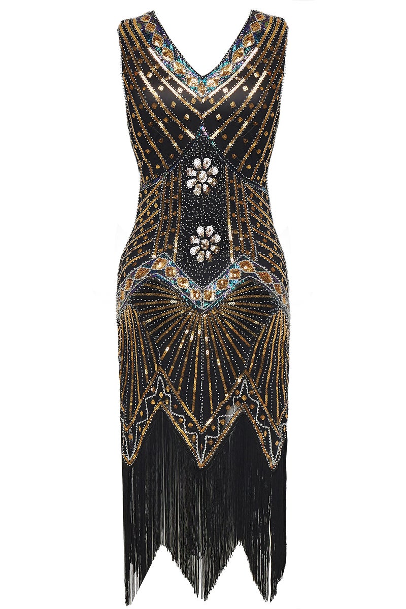 BABEYOND Women's Flapper Dresses 1920s V Neck Beaded Fringed Great Gatsby Dress Gold - Image 5